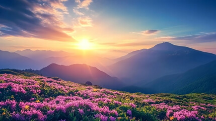 Fototapeta premium A stunning sunrise over a field of pink wildflowers in the mountains.