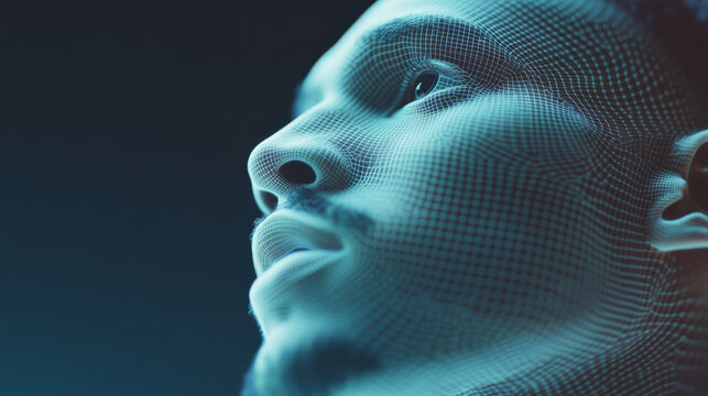 image features close up of male face represented with digital mesh overlay, creating futuristic and abstract appearance. intricate details evoke sense of technology and innovation