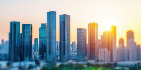 Fototapeta premium A modern city skyline at sunset, featuring tall buildings with reflective glass surfaces against a colorful sky.
