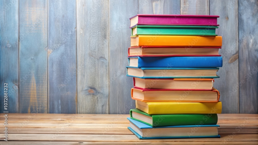 Poster A Stack of Colorful Books Resting on a Rustic Wooden Tabletop with a Distressed Wooden Background