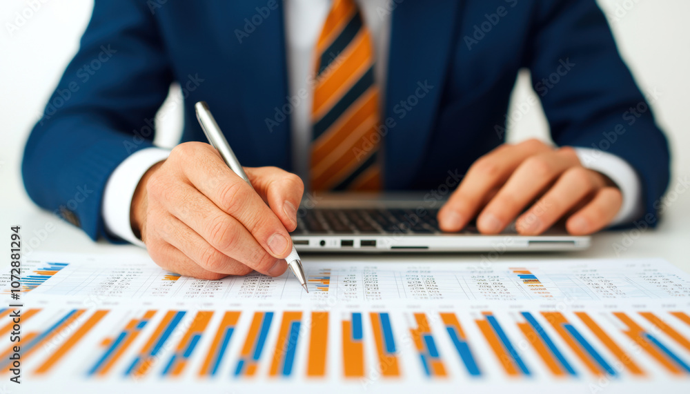 Poster a professional analyzing financial data using a laptop, with graphs and charts spread on the table, 
