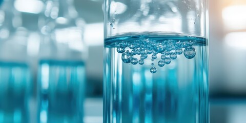 A close-up of bubbling blue liquid in a laboratory flask, showcasing a science experiment with sparkling bubbles rising in clear water.