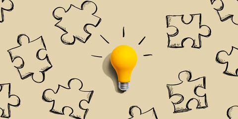Jigsaw puzzle with a yellow light bulb - flat lay