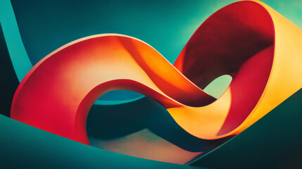 A vibrant abstract sculpture featuring flowing curves in shades of red, orange, and teal, creating dynamic visual experience. interplay of colors and shapes evokes sense of movement and creativity