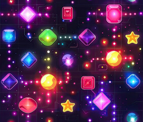 Obraz premium Farbenfrohes Galaxy-Endlosmuster mit bunten Sternen und Edelsteinen, Colorful galaxy endless pattern with colorful stars and gemstones