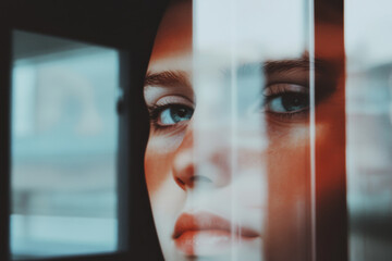 A close up portrait of person with striking blue eyes, partially obscured by reflections in glass, creating captivating and introspective atmosphere. interplay of light and shadow adds depth to image