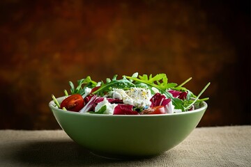 Aromatic Salad Bowl: A vibrant salad, bursting with fresh arugula, cherry tomatoes, and creamy goat cheese, sits invitingly in a green bowl, promising a delightful culinary experience.  