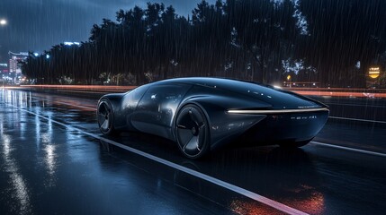 Obraz premium Sleek Black Sports Car Driving Through City at Night in the Rain