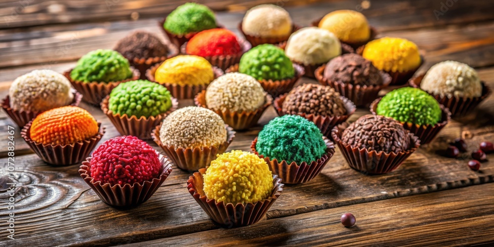 Poster a delectable arrangement of colorful confections in paper cups resting on a rustic wooden surface