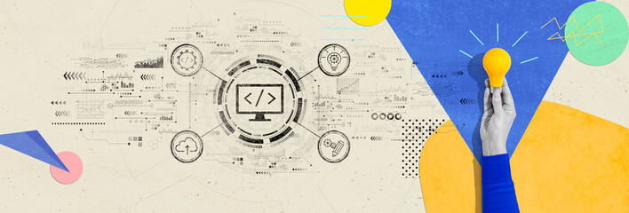 Web development concept with person holding a yellow light bulb
