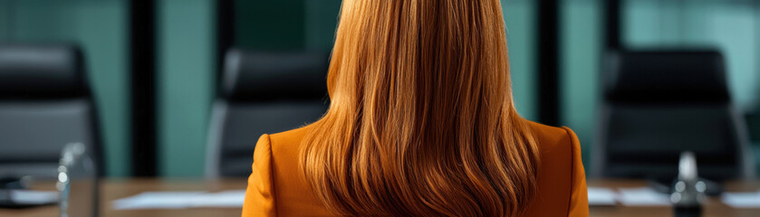 Naklejka premium A woman with long red hair is seated in front of a conference table, turned away from the camera, in a professional setting.