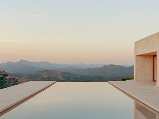 Modern architectural villa with infinity pool overlooking mountains at sunset