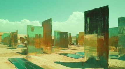Solar Panels in Desert Landscape Under Bright Light