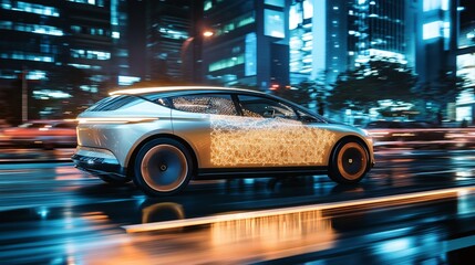 Obraz premium Futuristic Electric Car Driving Through City at Night