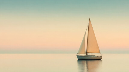 A serene sailboat gliding across calm waters during a pastel sunset on a quiet evening