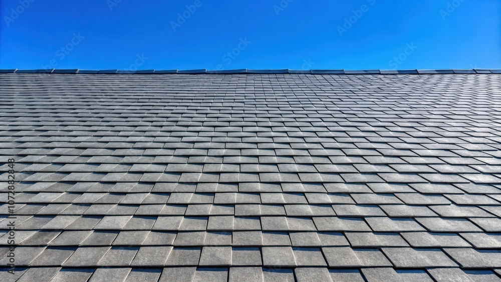 Aufkleber a grey and textured shingle roof extends into a clear blue sky, creating a pattern of overlapping sq