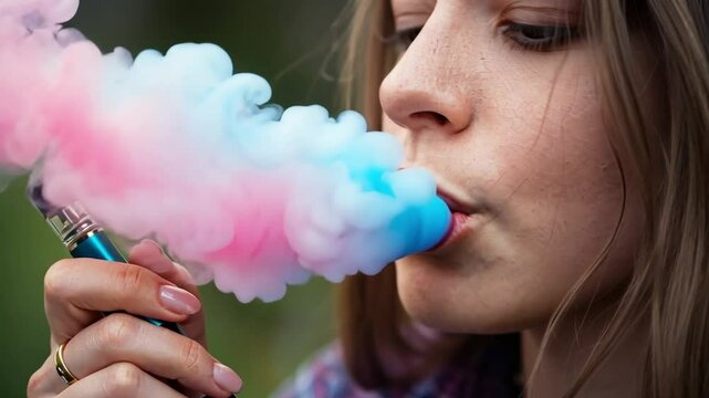 Close-up shot of a young woman holding a vape pen, as she blows out a soft pink and blue smoke cloud that floats around her face, creating a surreal, ethereal atmosphere.