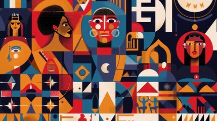 Abstract geometric pattern with stylized faces in red, orange, and blue.