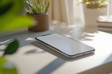 Smartphone with empty screen, coffee cup and stationery on white office desk.