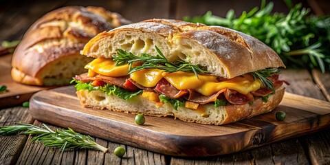 A savory delight of melted cheese, succulent meat, and fresh greens, nestled between a crusty bun, offering a delightful culinary experience.