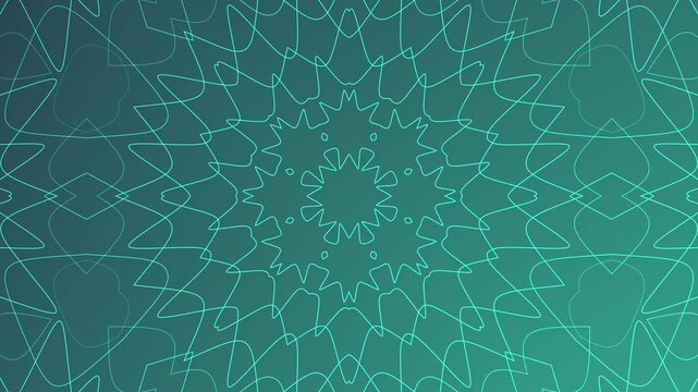 Teal background with intricate white geometric patterned abstract design, ideal for marketing materials, backgrounds, web graphics, and textile prints.