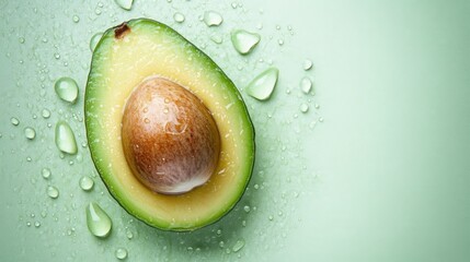 Avocado slice composition with water droplets frozen mid-air on mint green background. Trendy food concept showcasing freshness.