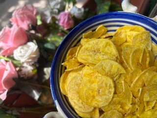 A bowl of tasty banana chips