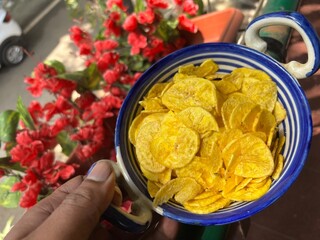 A bowl of tasty banana chips