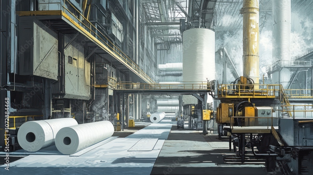 Poster a large industrial factory with large rolls of paper in the foreground.