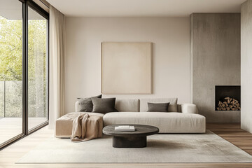 Modern living room with neutral tones, cozy seating, and minimalist decor in natural light