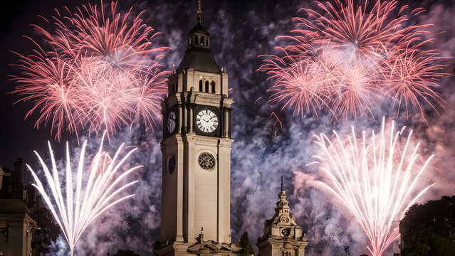 Fireworks exploding above a giant new years eve clock tower as it strikes midnight, AI Generated
