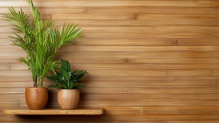 Two potted plants on a wooden shelf against a warm, wooden wall, creating a cozy and natural atmosphere.