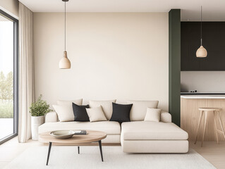 Modern living room with a cozy sectional sofa and minimalist decor in a sunny space