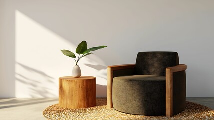 A stylish, modern chair with a textured upholstery next to a wooden table and a potted plant, set in a minimalist space with natural light.