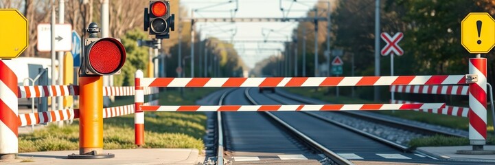 Railroad crossing with red stop light and barriers to prevent traffic, intersection, public