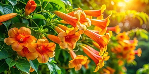 Fototapeta premium A vibrant tapestry of orange blossoms unfolds against a backdrop of lush green foliage, bathed in the warm glow of sunlight.