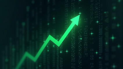 A digital stock market interface showing a rising green arrow, symbolizing financial growth, investments, and the fintech sector