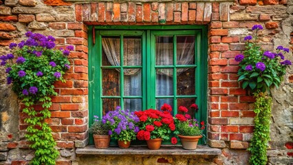 A vibrant window with green trim framed by blooming purple and red flowers nestled in terracotta pots, adding a splash of color to the weathered brick facade.