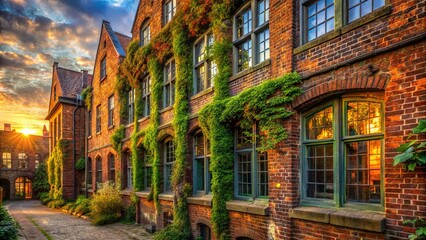 A Row of Brick Buildings with Greenery Growing Up the Walls Bathed in the Warm Glow of Sunset