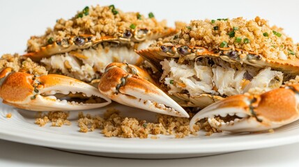 Close-up of two stuffed blue crabs arranged on a white plate. Crisp detail on crab shells and fillings, clean white background.