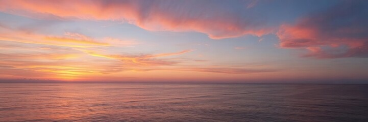 Obraz premium Vibrant sunset over ocean with gently curved horizon, reflecting orange, pink, and purple hues on calm waters, sunset, reflection