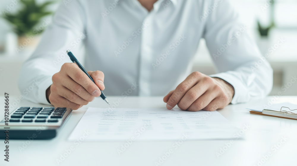 Aufkleber a person is writing on a sheet of paper while holding a pen, with a calculator and notepad visible o