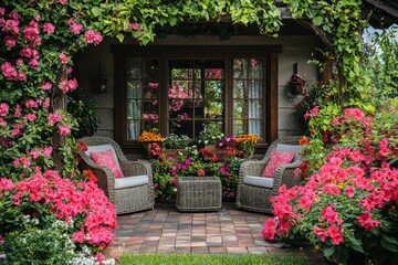 Fototapeta premium Inviting backyard scene featuring a cozy seating area surrounded by vibrant, blooming flowers, creating a peaceful and charming outdoor retreat..