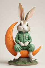 An isolated cute rabbit with a green jumpsuit, various amusing postures: jumping, dancing, playing, the character in fairy tale.