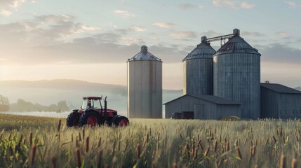 Fototapeta premium Grain Silos and a tractor