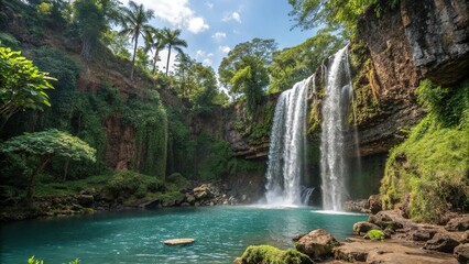 Fototapeta premium Waterfall in deep tropical jungle with crystal clear water cascading down rocky cliffs and lush greenery, august, rainforest
