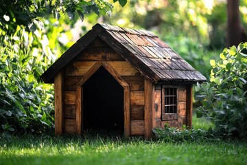 Charming wooden dog house in a bright, sunny backyard, surrounded by lush green grass, creating a cozy and inviting outdoor space for pets..