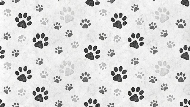 Seamless black doodle paw prints pattern background with a subtle texture and gentle lines for a pet lover's home decor, pet friendly, black and white, geometric patterns