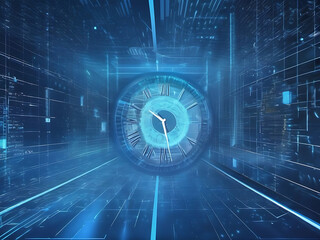 Obraz premium Futuristic blue Digital Corridor with Glowing Clock