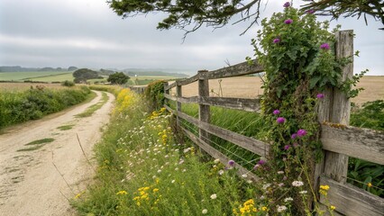 Weathered wooden fence covered in vines and wildflowers, weathered, overgrown